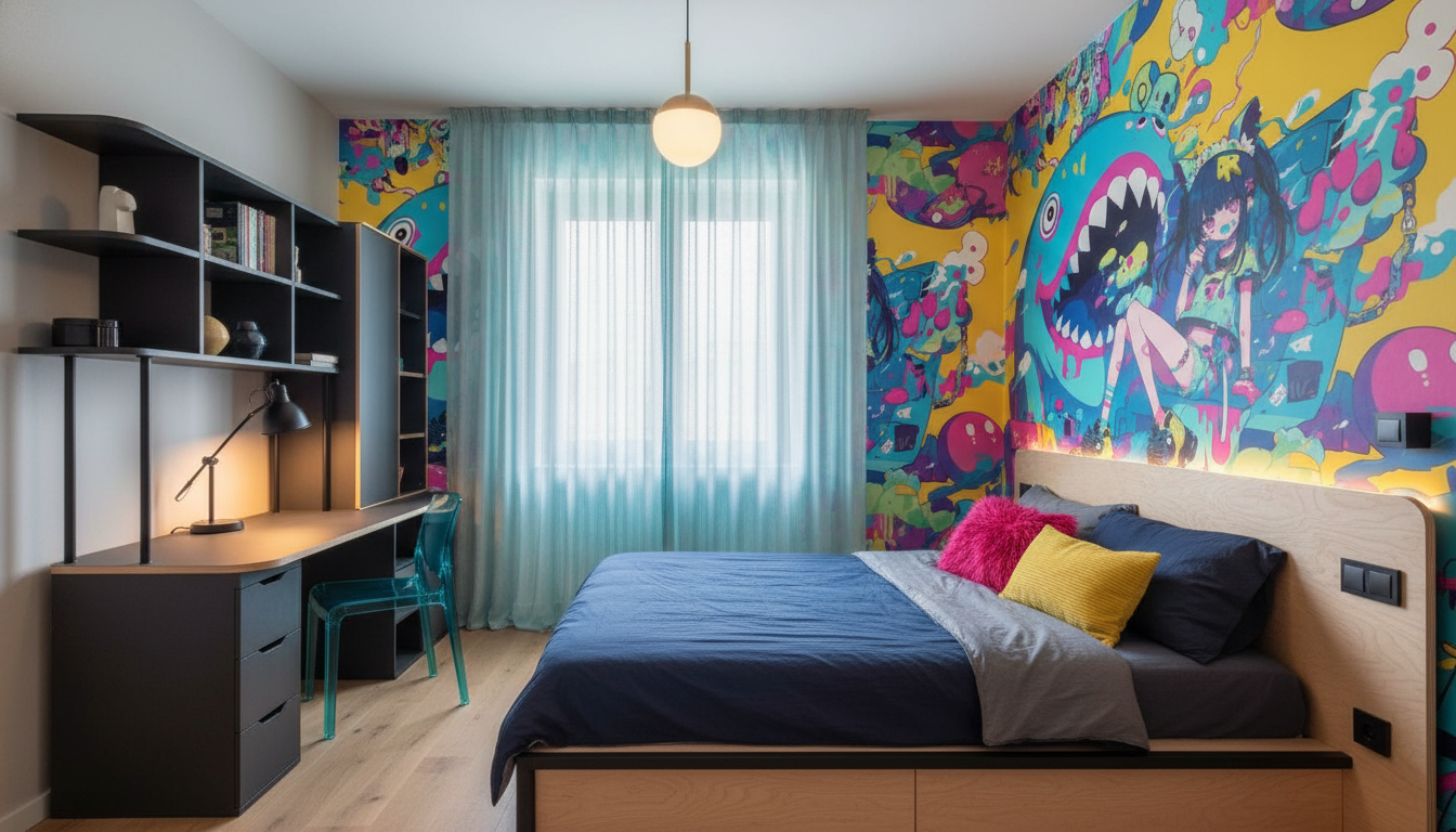 Papier peint anime cyberpunk coloré avec créature fantastique et personnage manga - Chambre ado