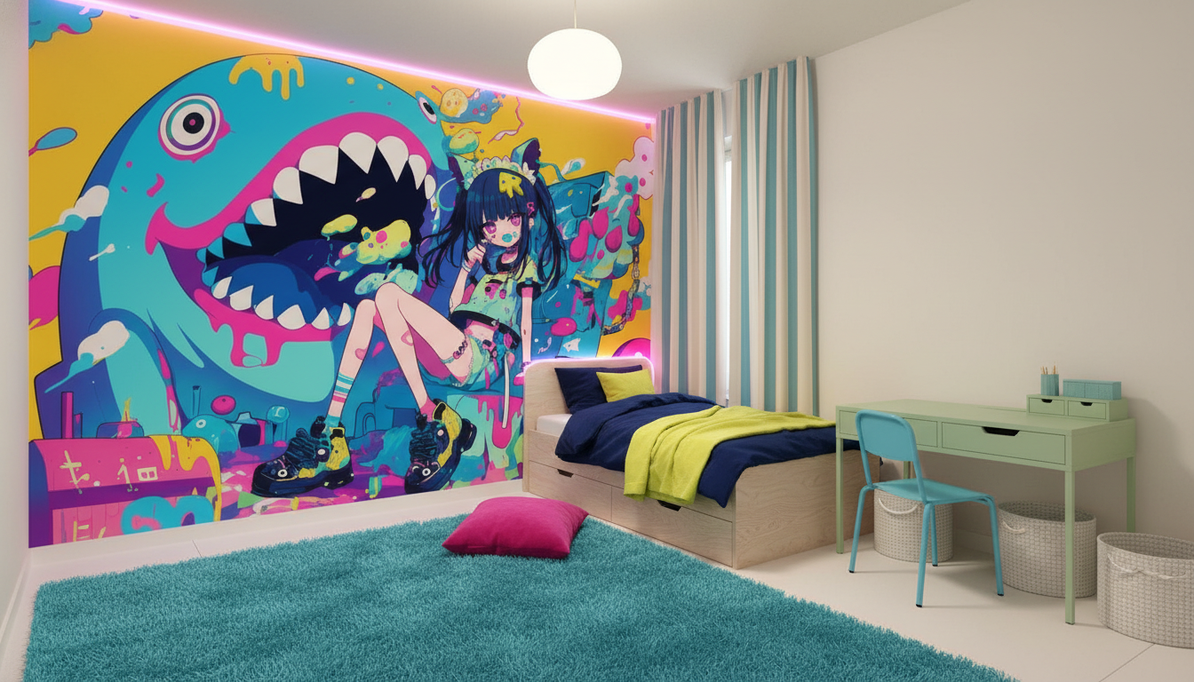 Papier peint anime cyberpunk coloré avec créature fantastique et personnage manga - Chambre enfant