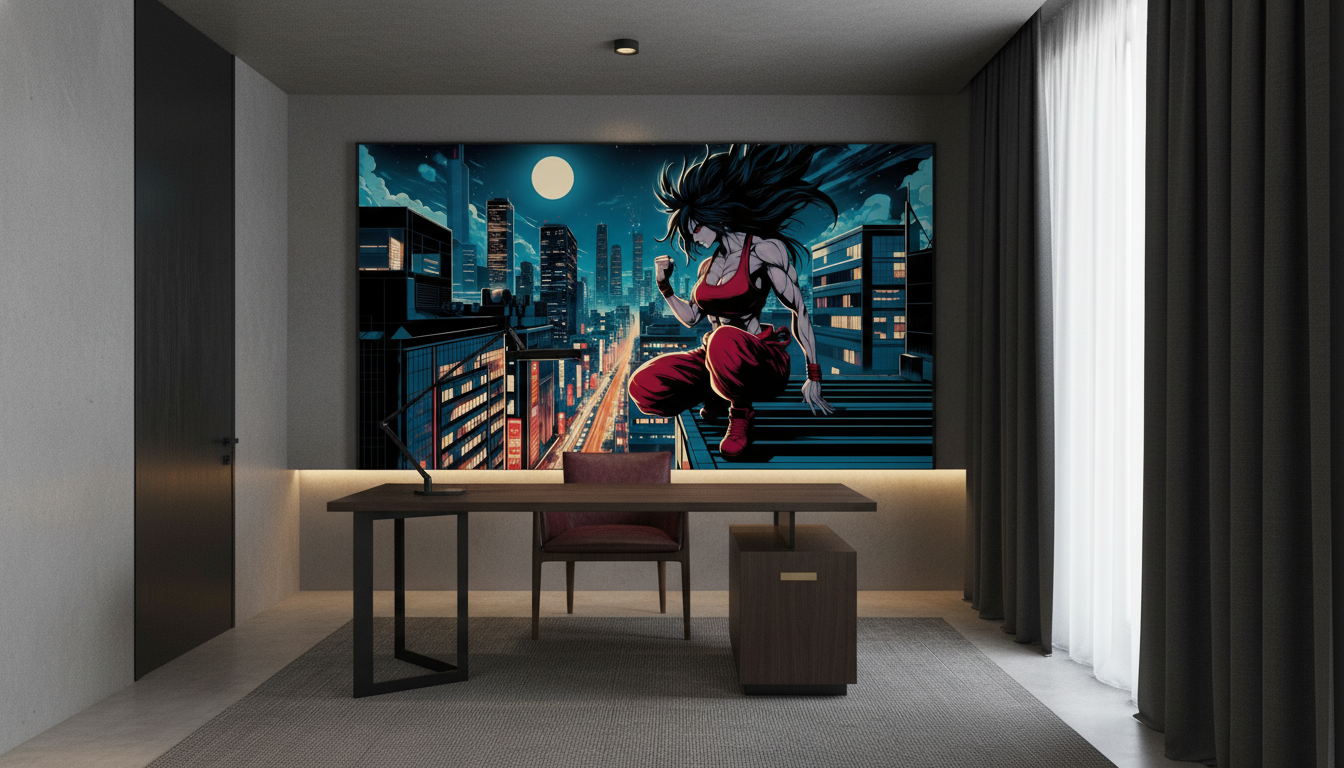 Papier peint anime femme guerrière ville futuriste nuit étoilée - Bureau