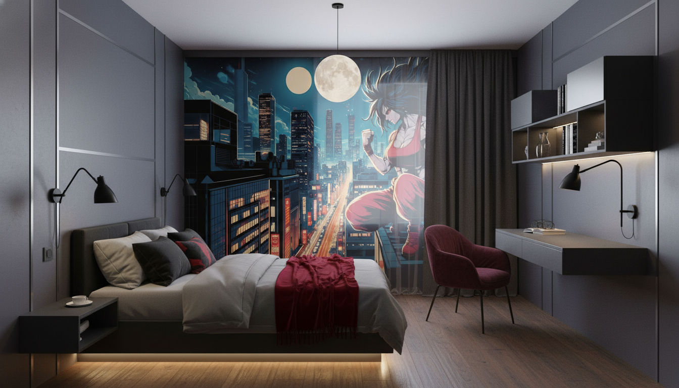 Papier peint anime femme guerrière ville futuriste nuit étoilée - Chambre ado