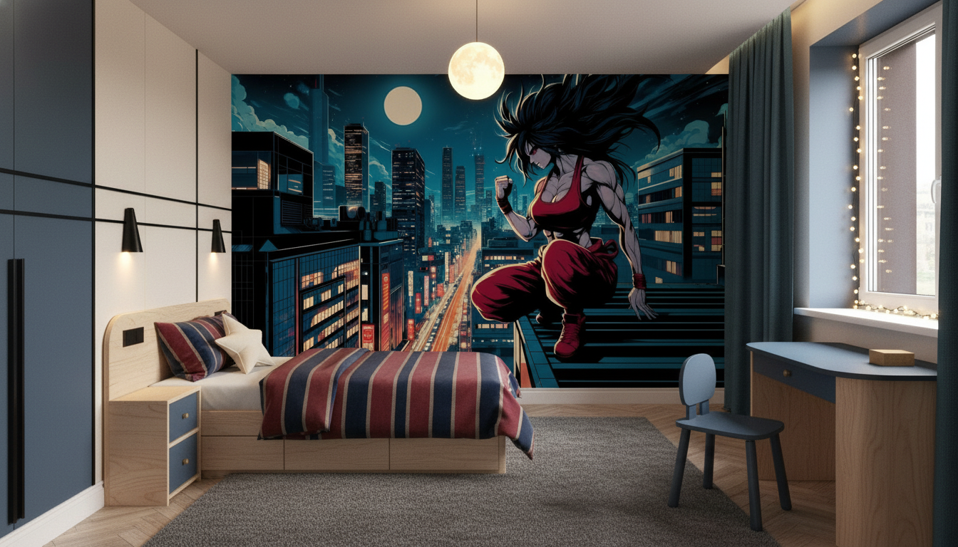 Papier peint anime femme guerrière ville futuriste nuit étoilée - Chambre enfant