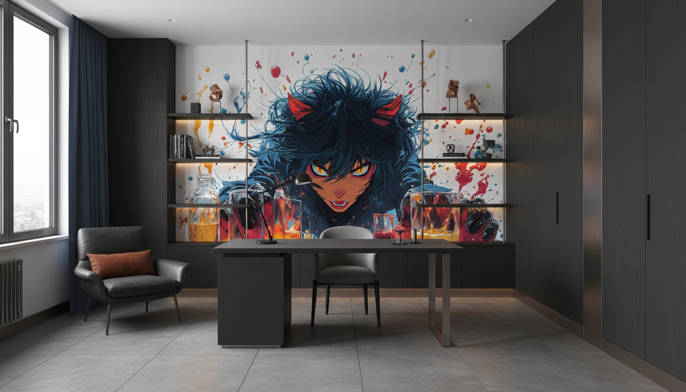 Papier peint anime fille aux cheveux bleus et peinture colorée - Bureau