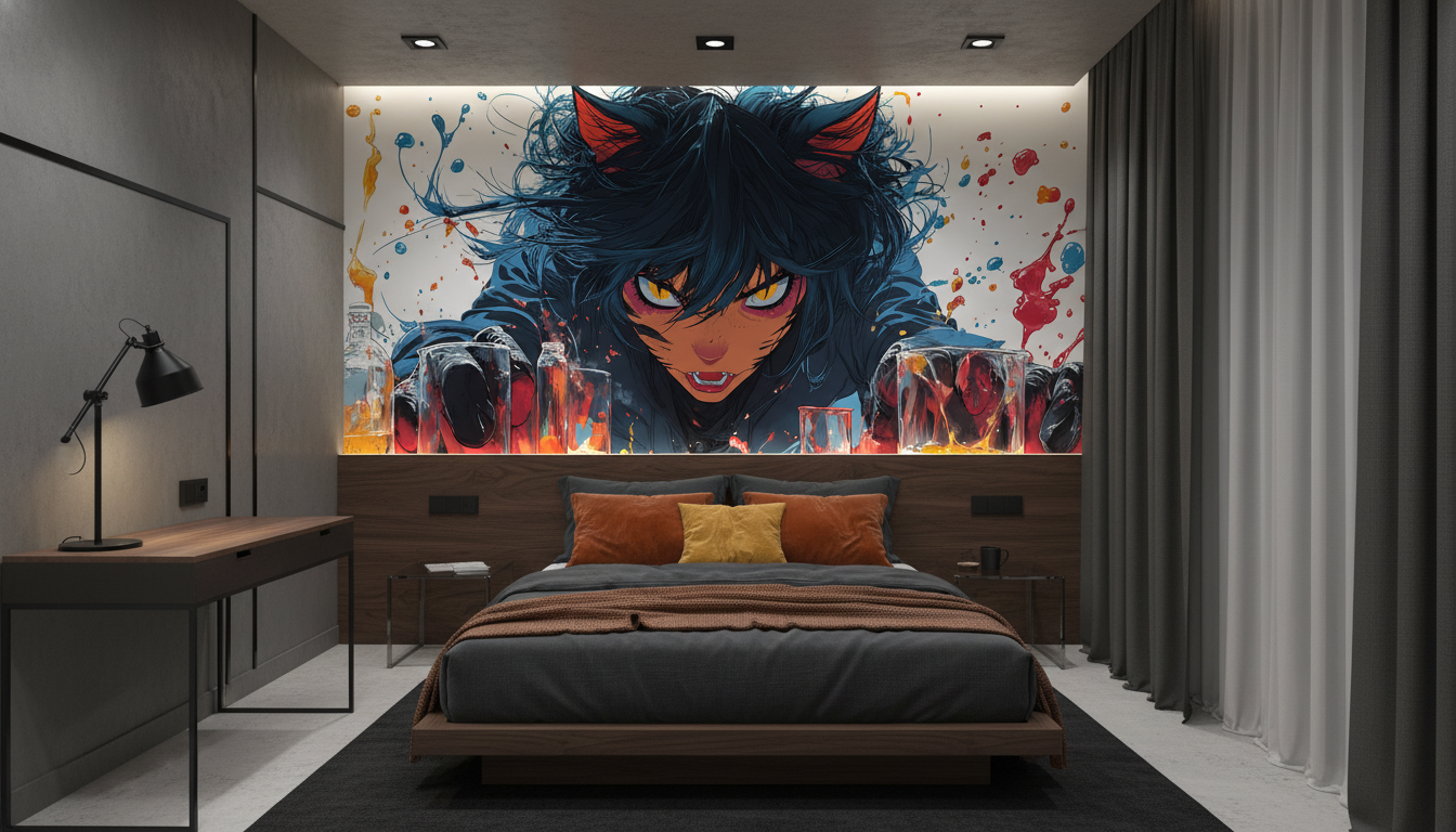 Papier peint anime fille aux cheveux bleus et peinture colorée - Chambre ado