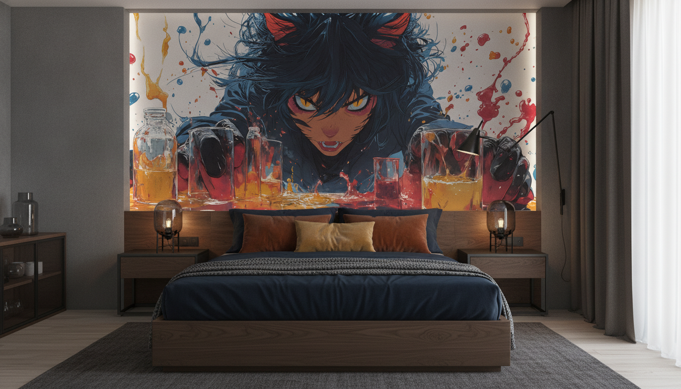 Papier peint anime fille aux cheveux bleus et peinture colorée - Chambre adulte