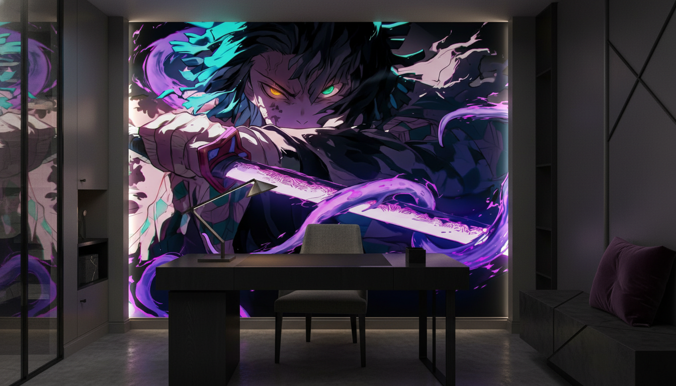 Papier Peint Anime Guerrier Démon Épée Flammes Violettes Cyan - Bureau