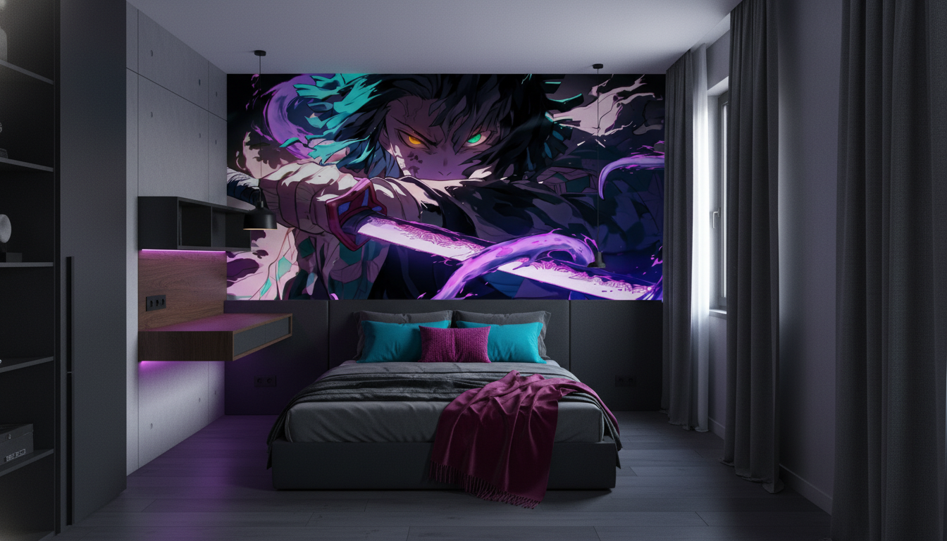 Papier Peint Anime Guerrier Démon Épée Flammes Violettes Cyan - Chambre ado