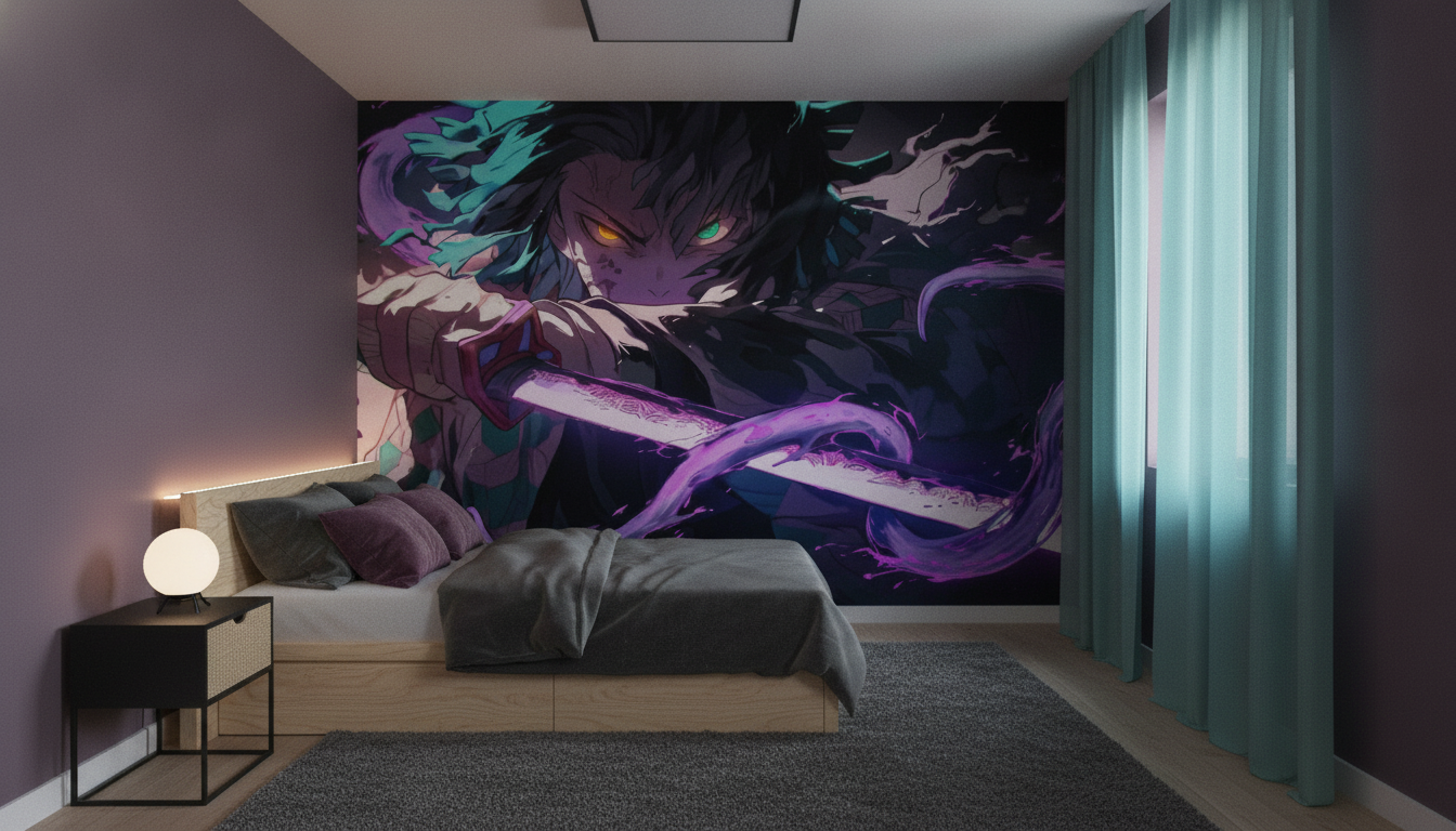 Papier Peint Anime Guerrier Démon Épée Flammes Violettes Cyan - Chambre enfant