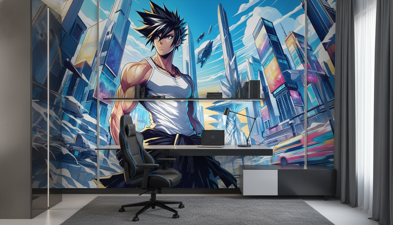 Papier Peint Anime Guerrier Futuriste Ville Cyberpunk Bleu - Bureau