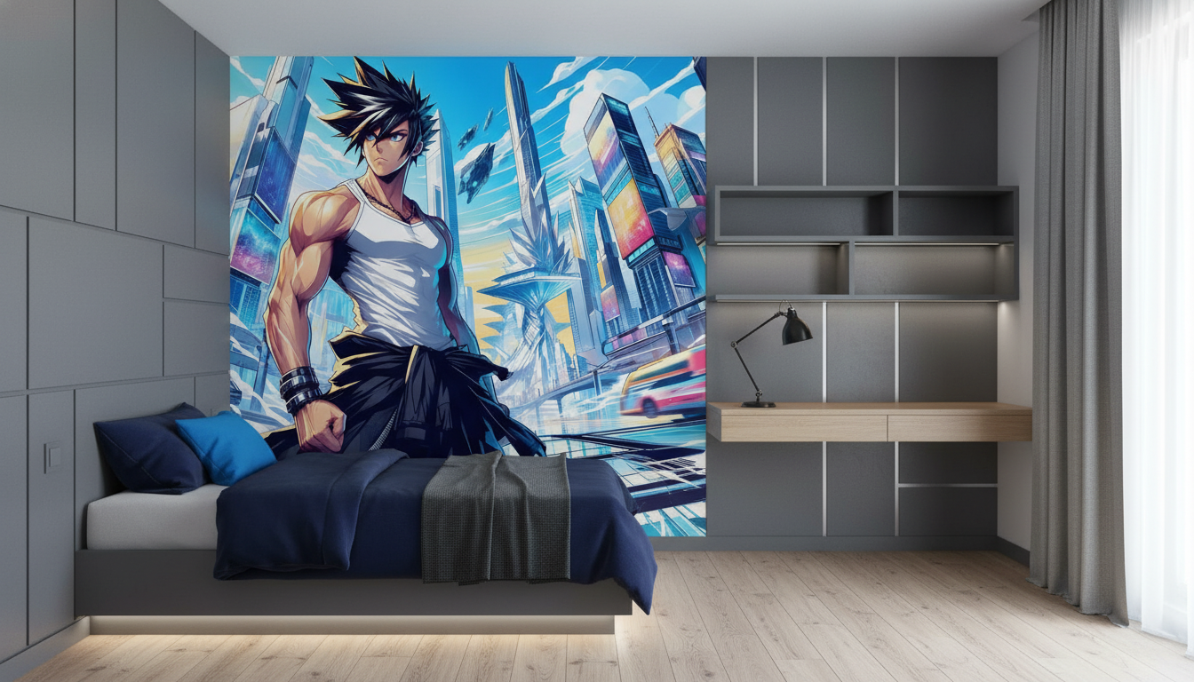 Papier Peint Anime Guerrier Futuriste Ville Cyberpunk Bleu - Chambre ado