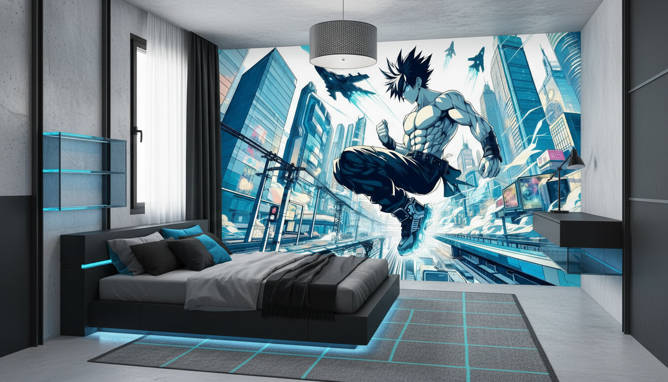 Papier Peint Anime Guerrier Urbain Futuriste Dynamique - Chambre ado