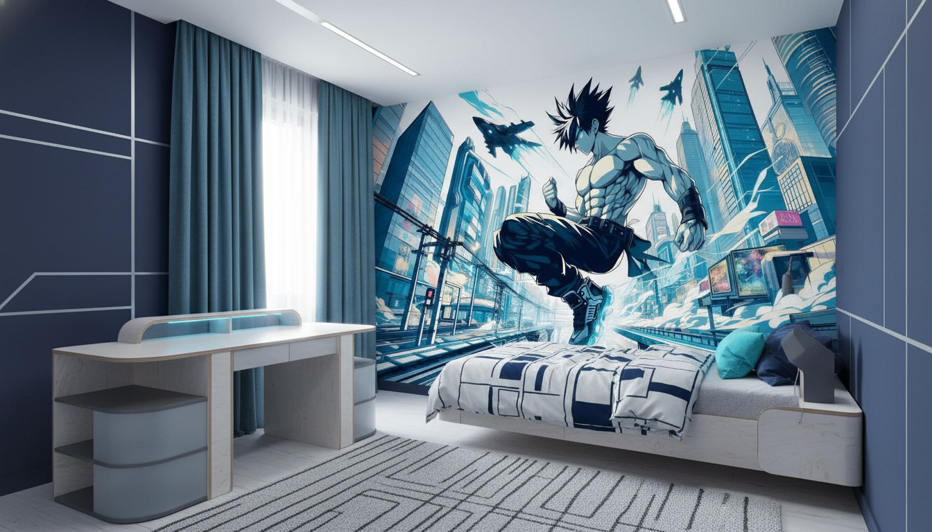 Papier Peint Anime Guerrier Urbain Futuriste Dynamique - Chambre enfant
