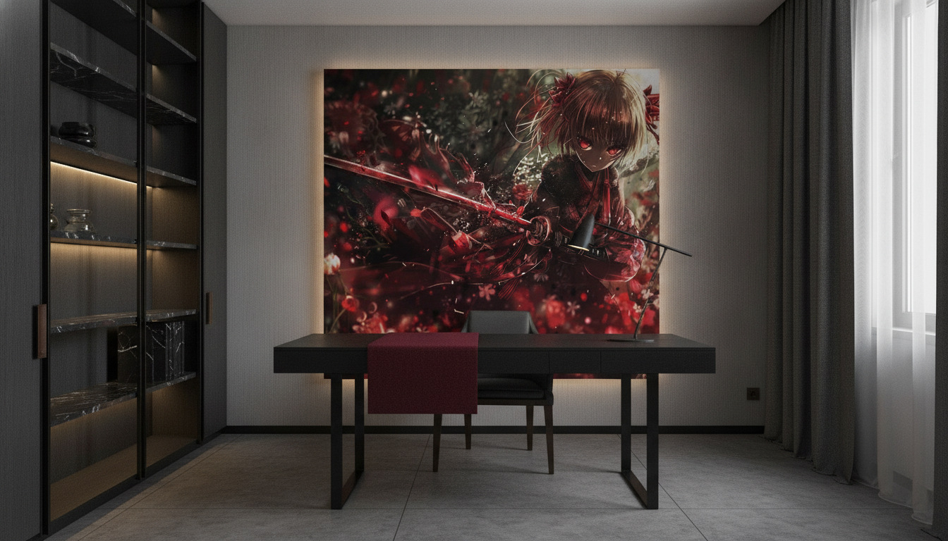 Papier peint anime guerrière samouraï rouge intense fantastique - Bureau
