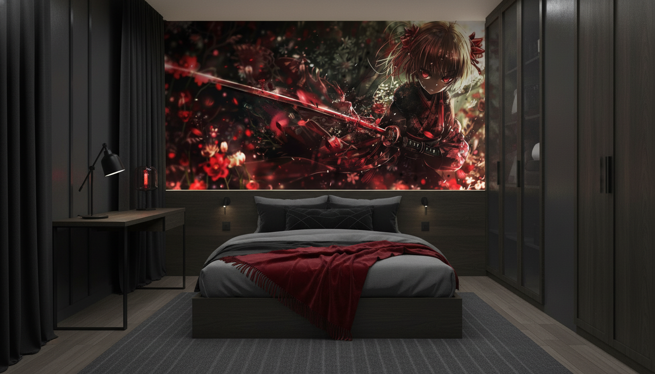 Papier peint anime guerrière samouraï rouge intense fantastique - Chambre ado