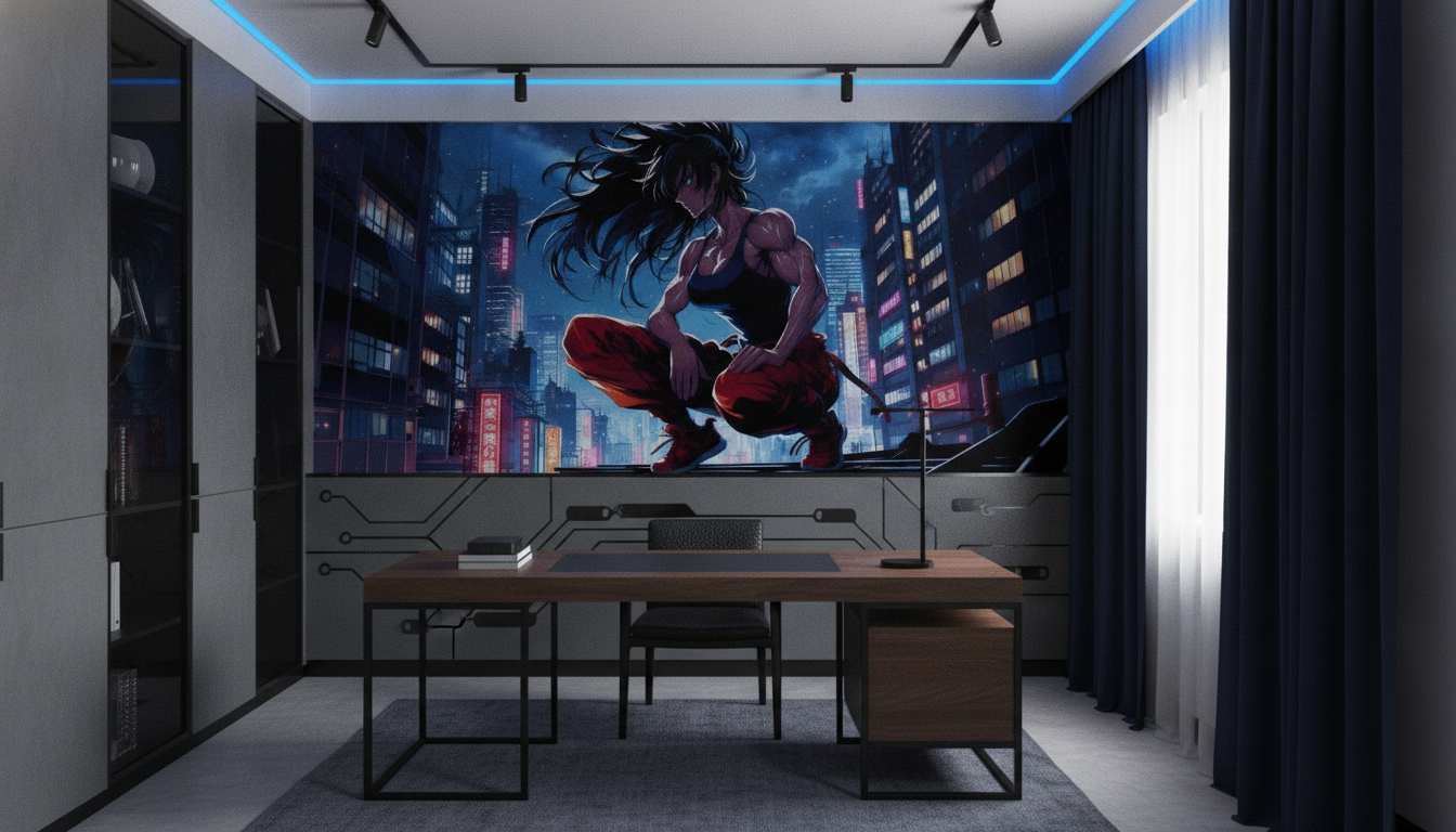 Papier peint anime urbain guerrière cyberpunk nuit étoilée - Bureau