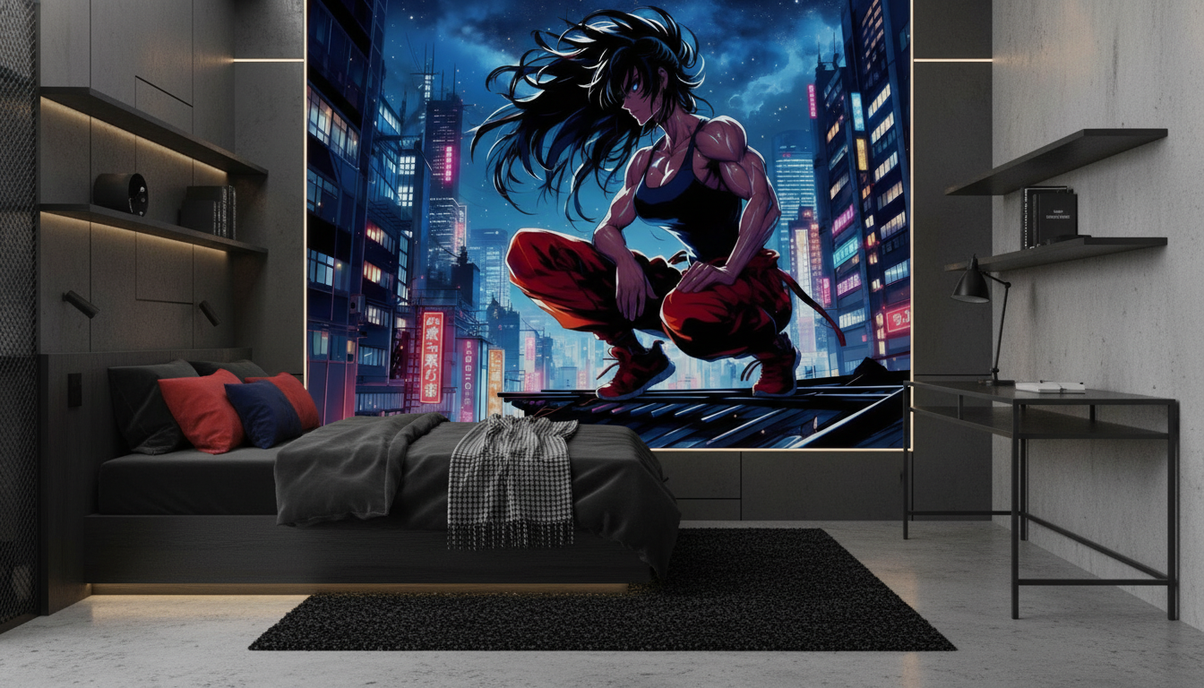 Papier peint anime urbain guerrière cyberpunk nuit étoilée - Chambre ado