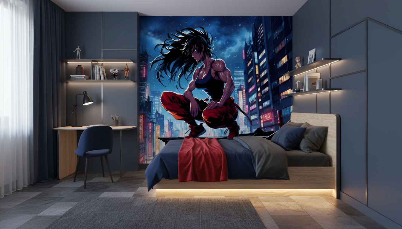 Papier peint anime urbain guerrière cyberpunk nuit étoilée - Chambre enfant