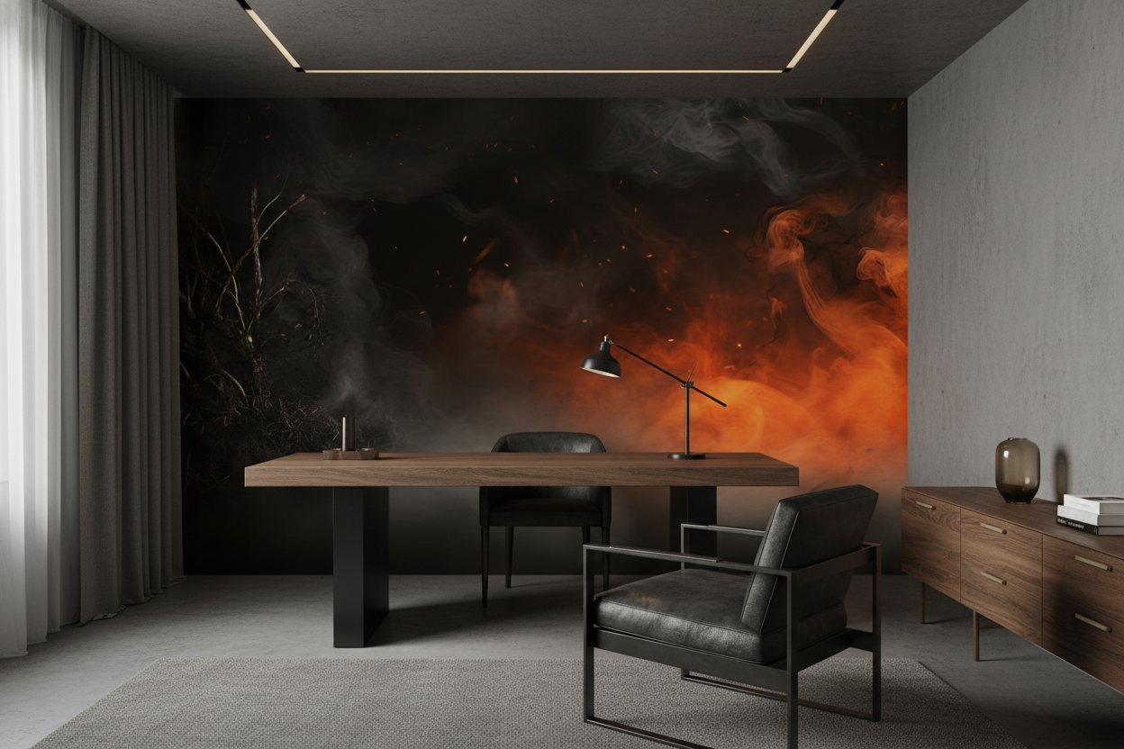 Papier peint apocalyptique feu et fumée atmosphère dramatique sombre - Bureau