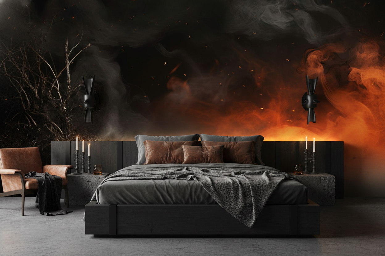 Papier peint apocalyptique feu et fumée atmosphère dramatique sombre - Chambre adulte