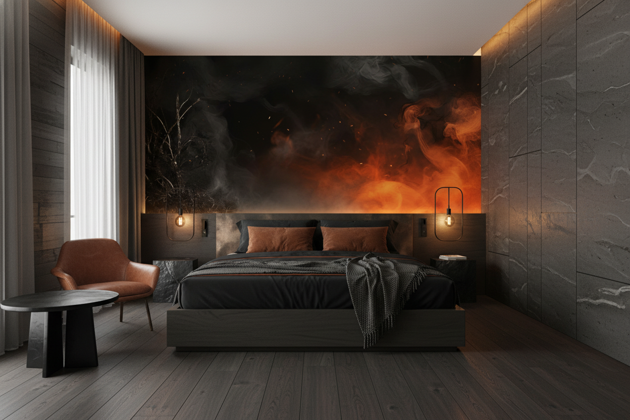 Papier peint apocalyptique feu et fumée atmosphère dramatique sombre - Hôtel