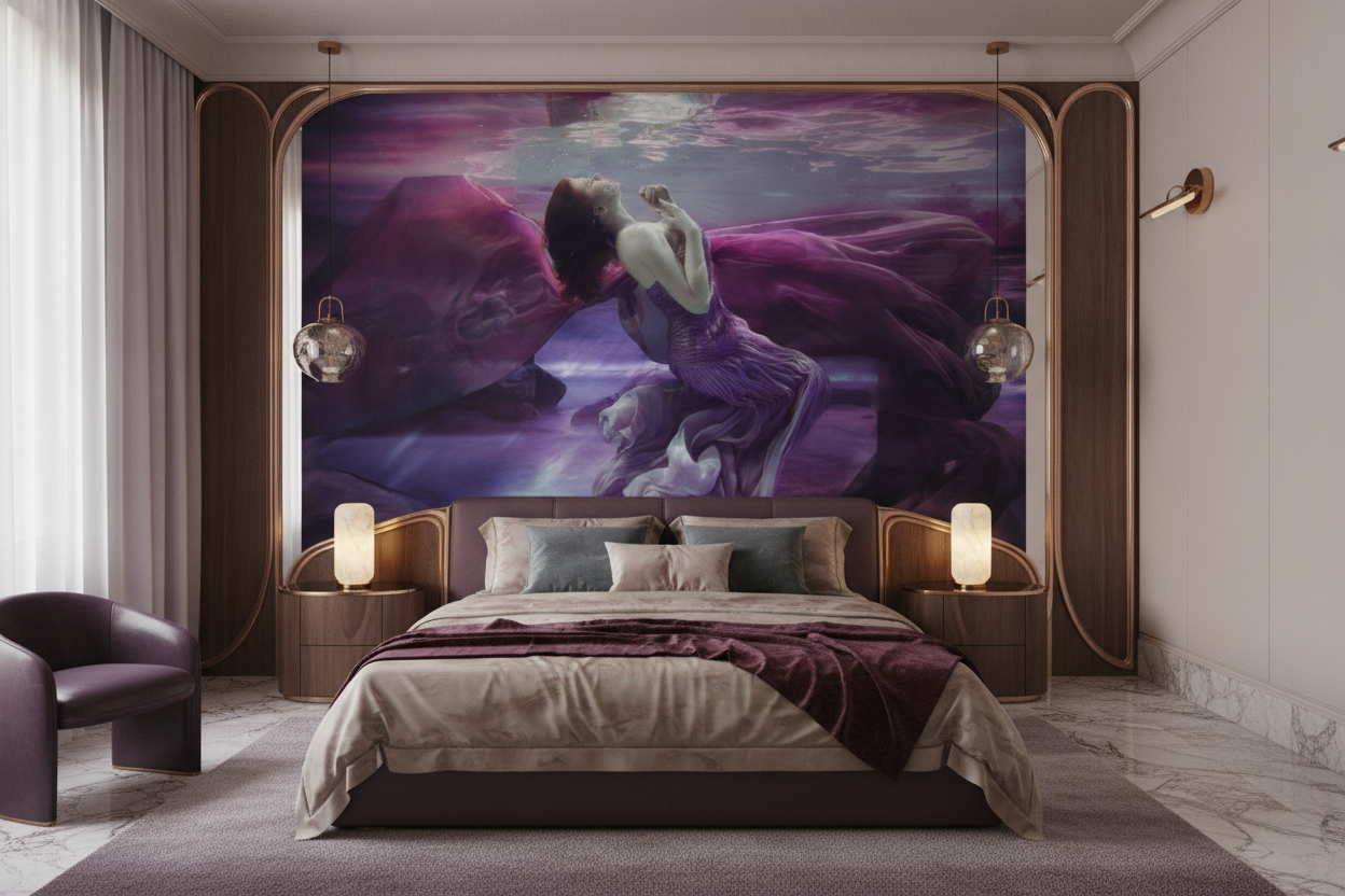 Papier peint artistique femme sous l'eau drapé violet mystique - Chambre adulte