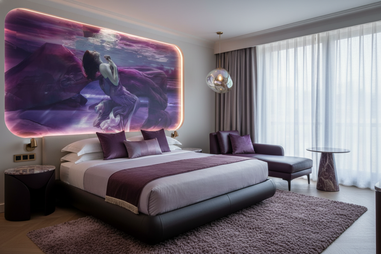 Papier peint artistique femme sous l'eau drapé violet mystique - Hôtel