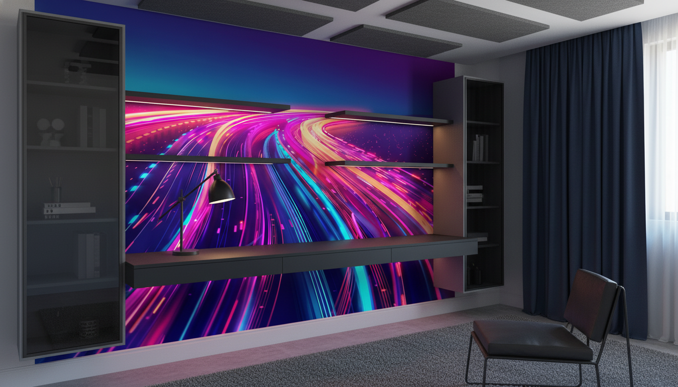 Papier Peint Autoroute Futuriste Néon Synthwave Style Cyberpunk — Bureau