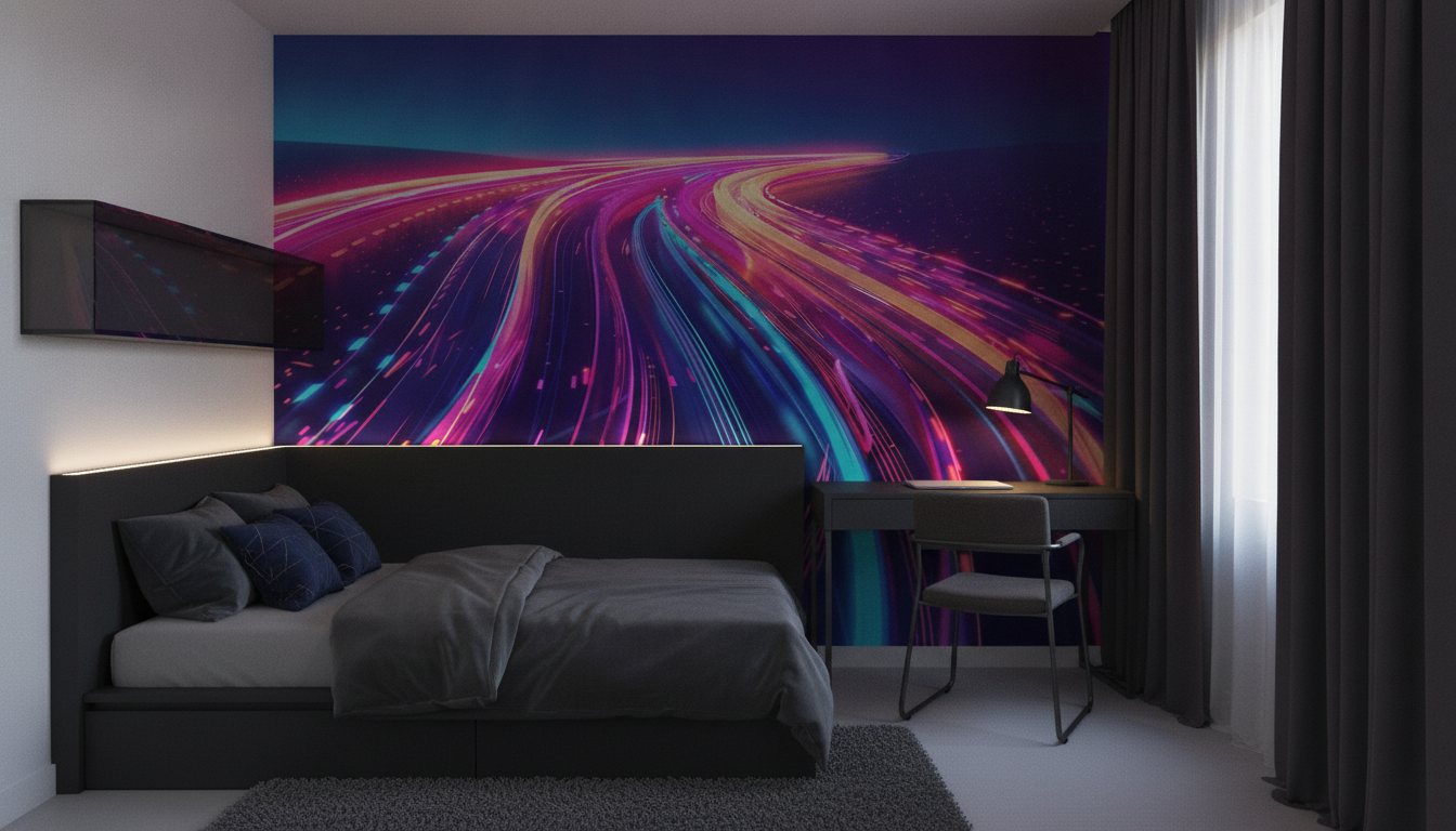 Papier Peint Autoroute Futuriste Néon Synthwave Style Cyberpunk - Chambre ado