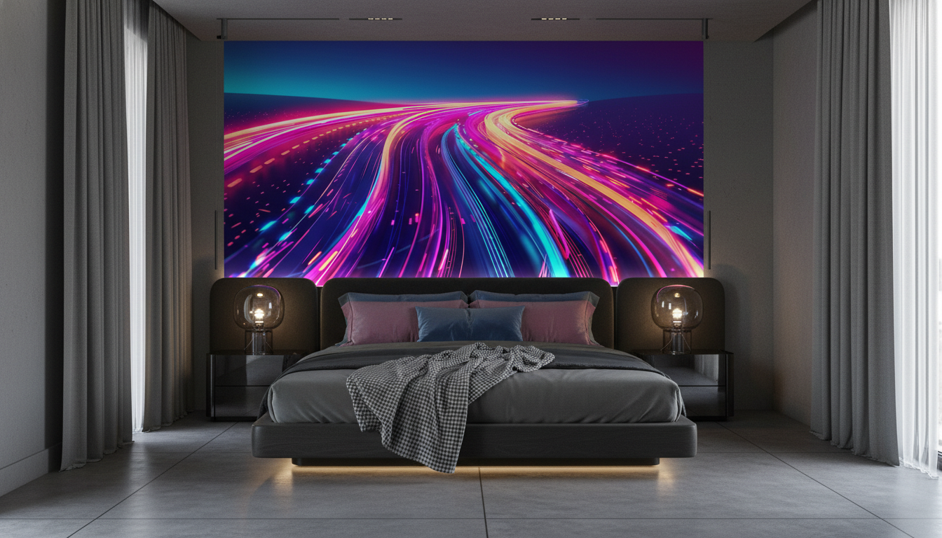 Papier Peint Autoroute Futuriste Néon Synthwave Style Cyberpunk - Chambre adulte