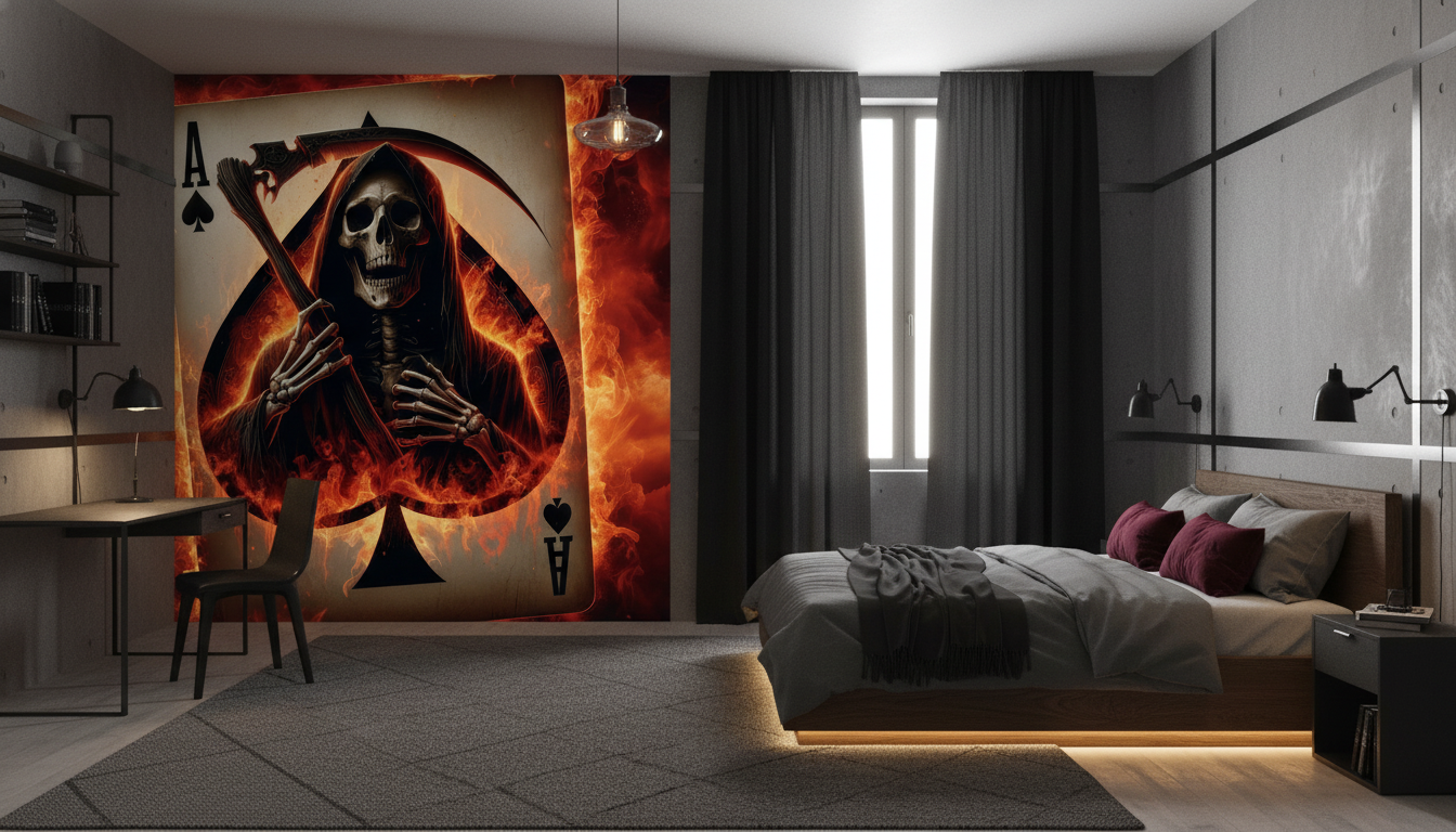 Papier Peint Carte à Jouer As de Pique Reaper Enflammé - Chambre ado