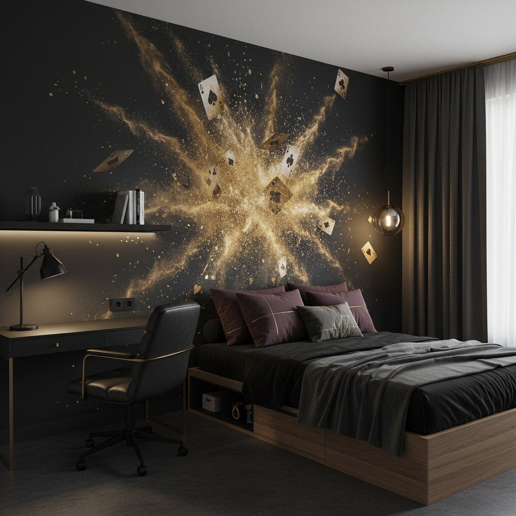 Papier Peint Casino Cartes à Jouer Effet Explosion Dorée - Chambre ado