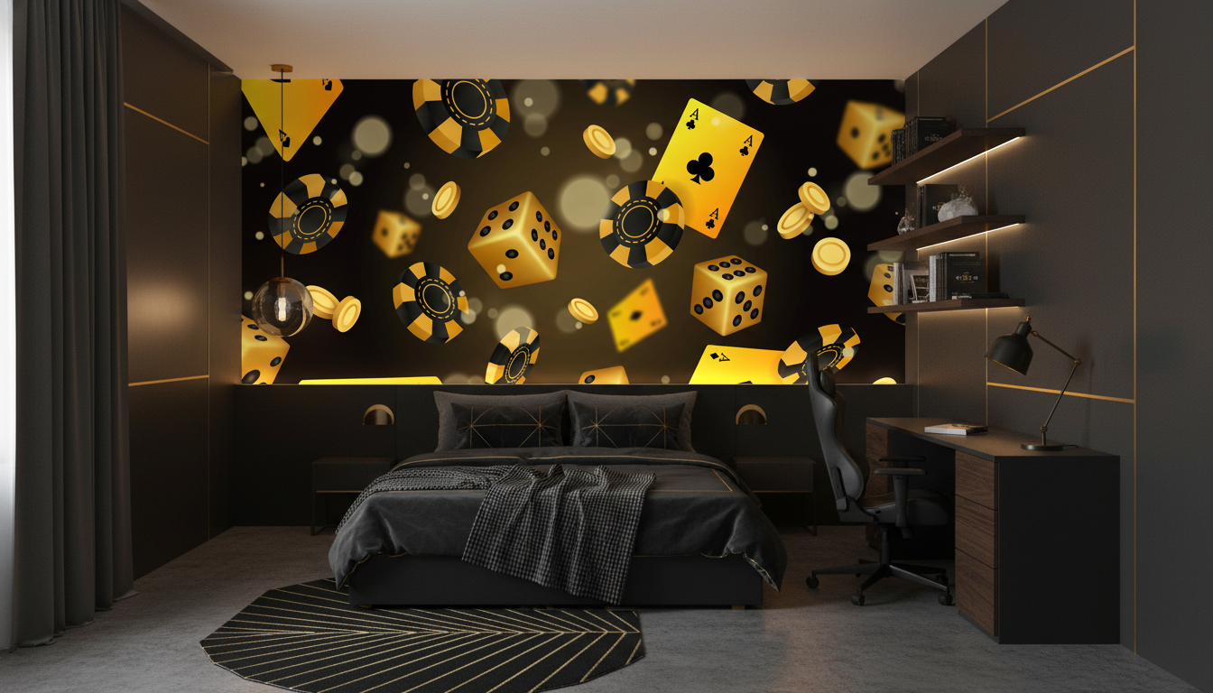 Papier peint casino doré avec cartes, dés et jetons sur fond noir - Chambre ado