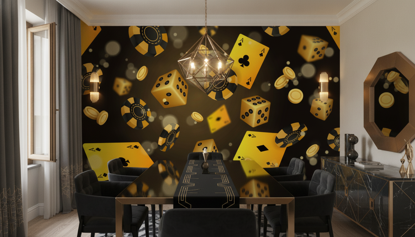 Papier peint casino doré avec cartes, dés et jetons sur fond noir - Salle à manger