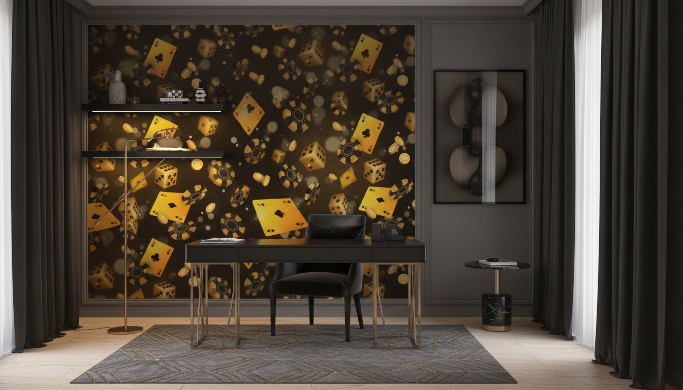Papier peint casino doré avec cartes poker dés et jetons - Bureau