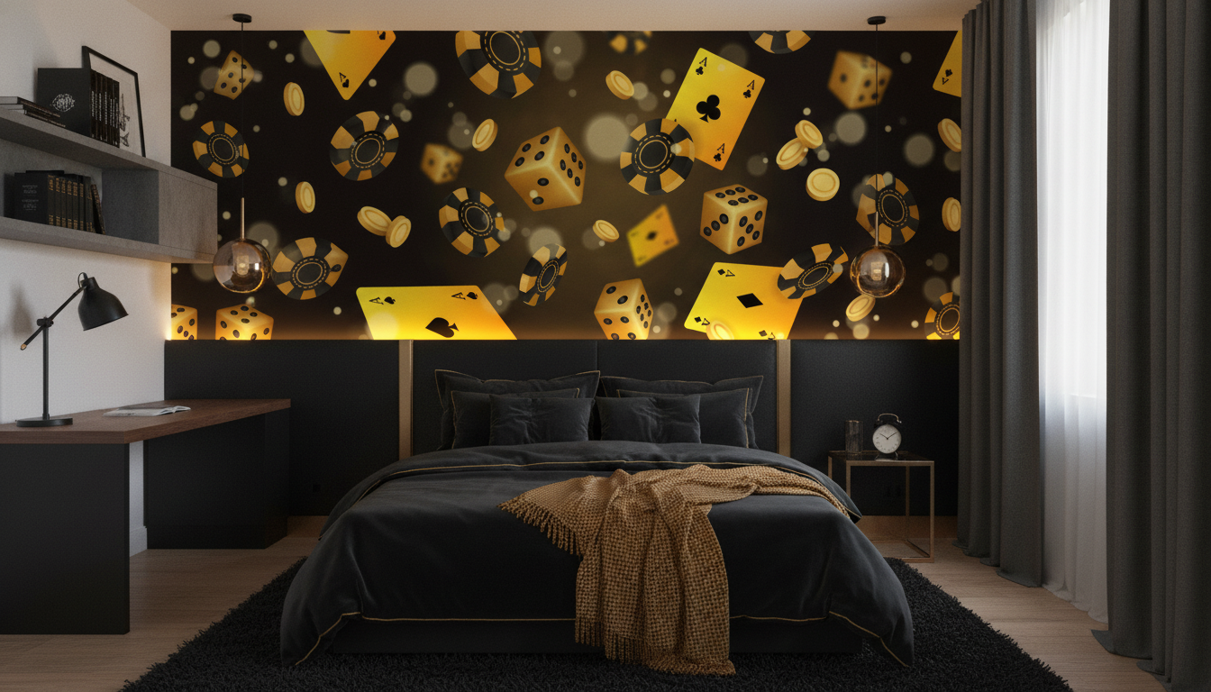 Papier peint casino doré avec cartes poker dés et jetons - Chambre ado