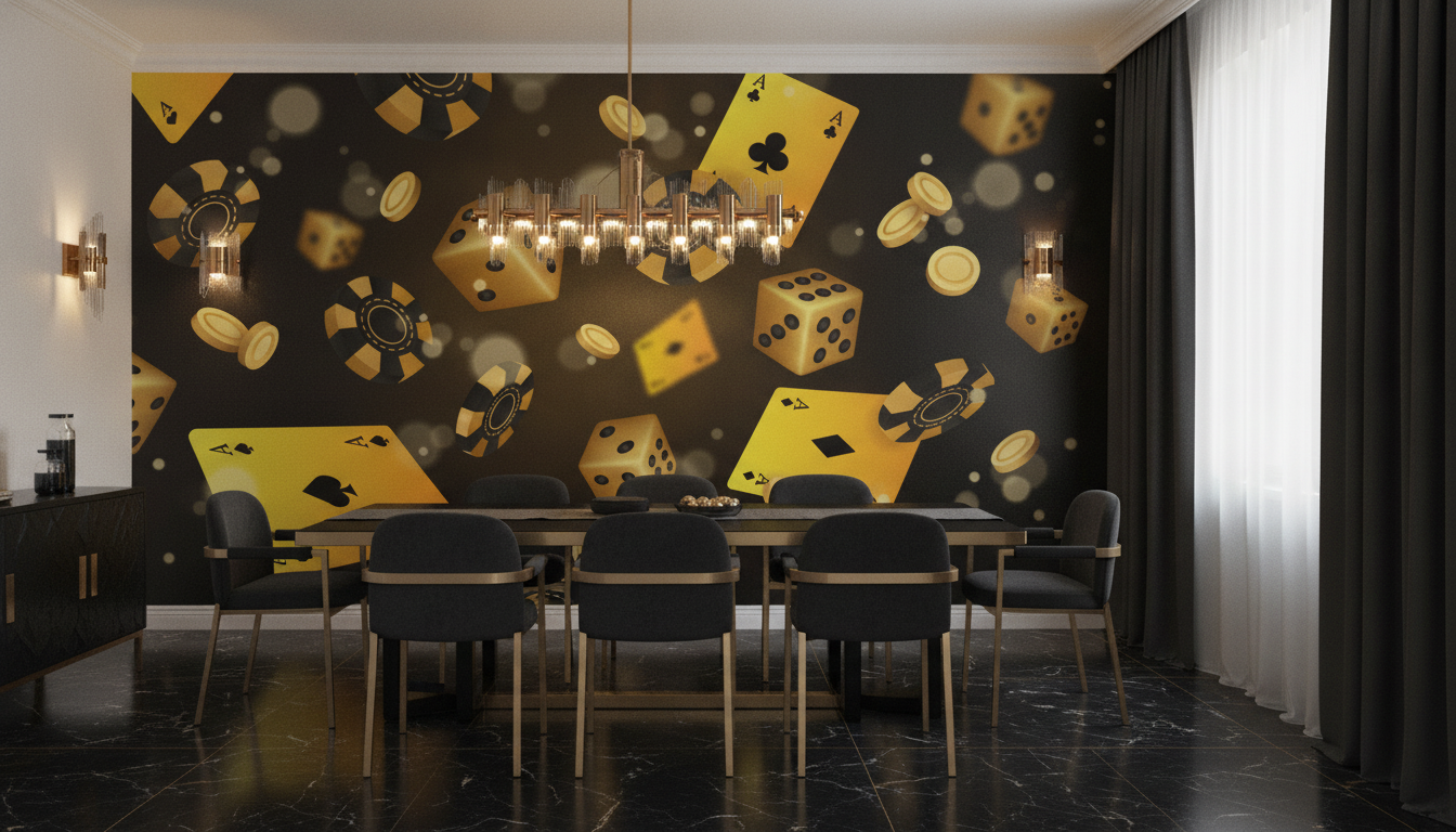 Papier peint casino doré avec cartes poker dés et jetons - Salle à manger
