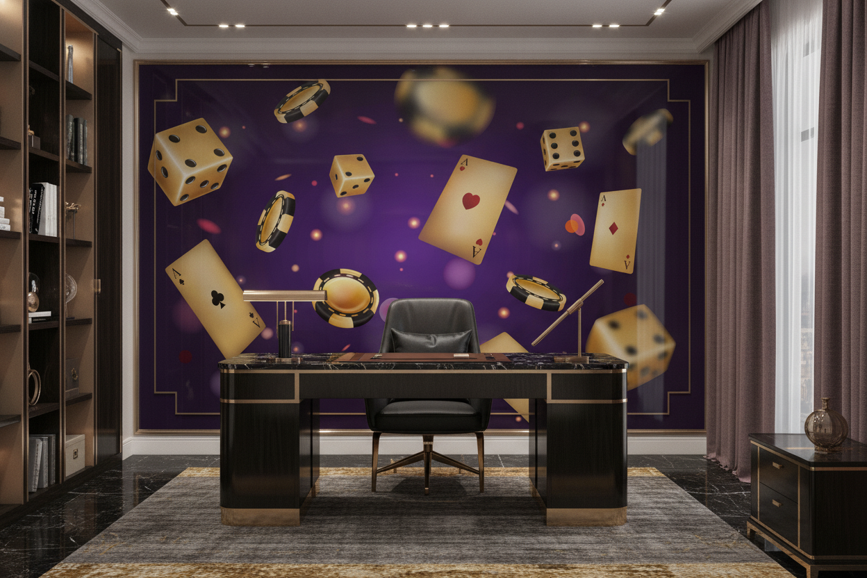 Papier peint casino doré avec cartes poker dés et jetons - Bureau