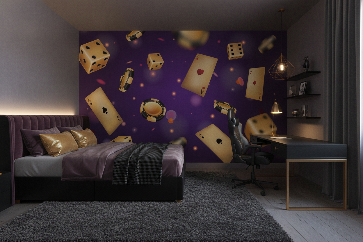 Papier peint casino doré avec cartes poker dés et jetons - Chambre ado