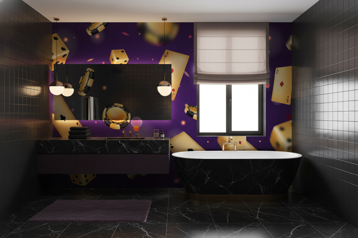 Papier peint casino doré avec cartes poker dés et jetons - Salle de bain