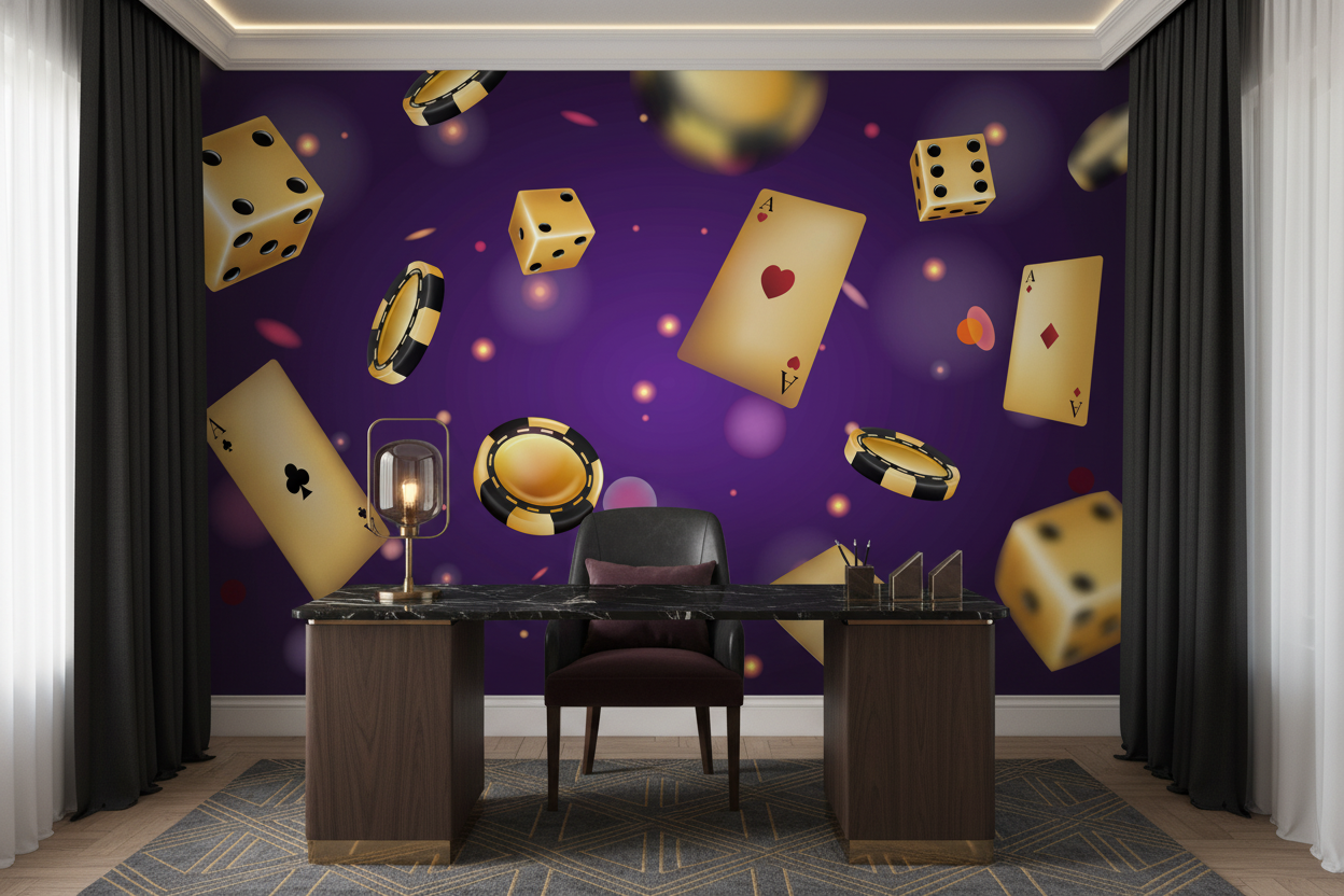 Papier peint casino doré luxueux avec dés cartes et jetons - Bureau