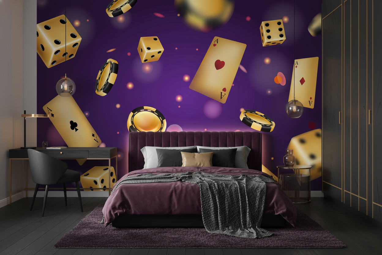 Papier peint casino doré luxueux avec dés cartes et jetons - Chambre ado