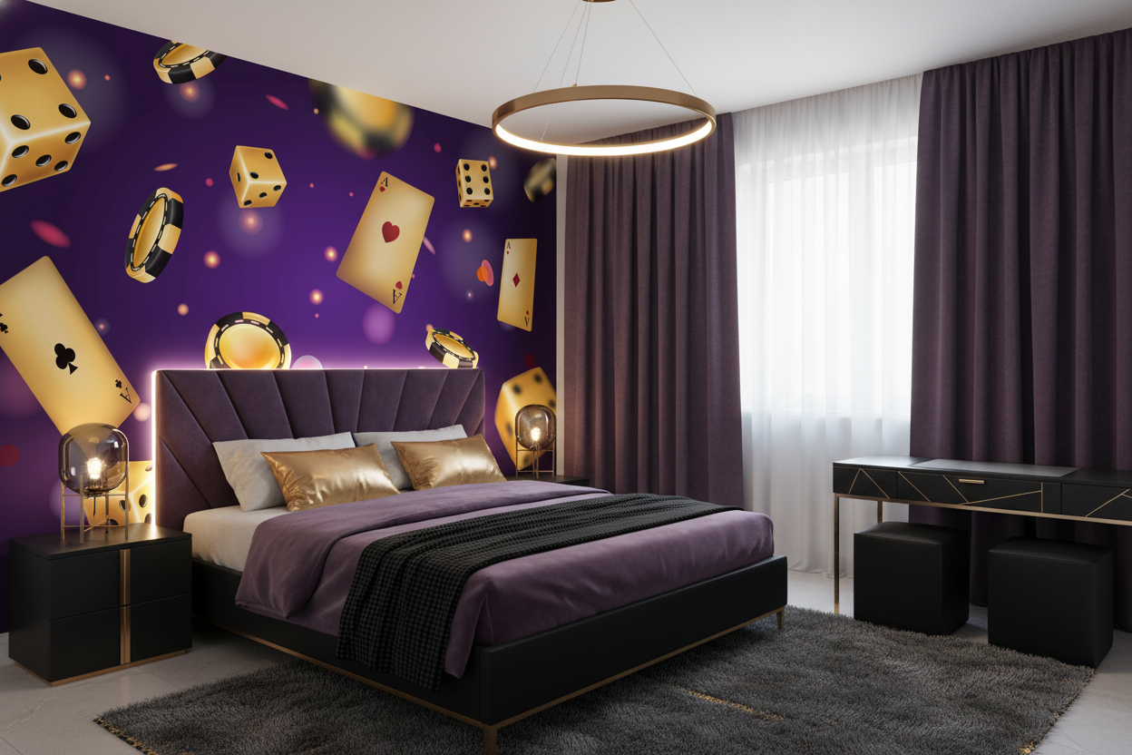 Papier Peint Casino Glamour Doré sur Fond Violet Luxueux - Chambre ado