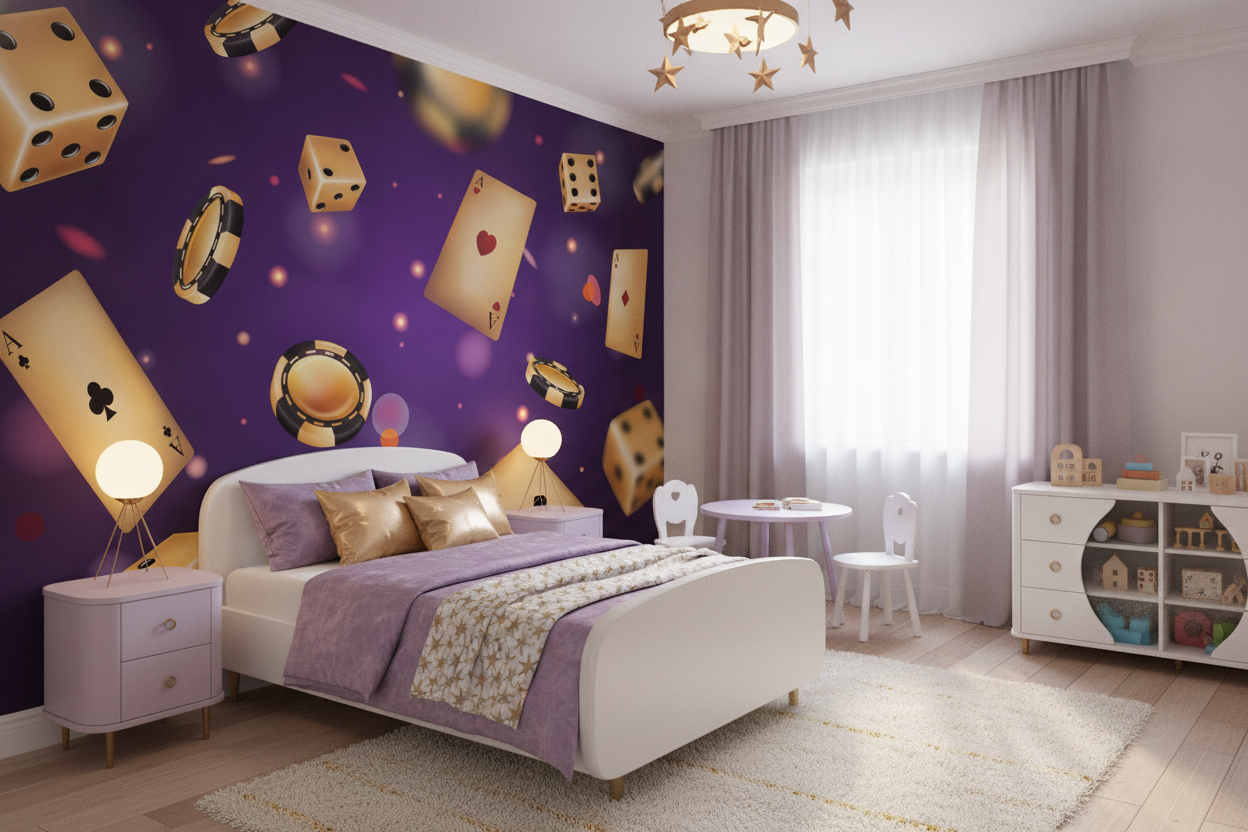 Papier Peint Casino Glamour Doré sur Fond Violet Luxueux - Chambre enfant