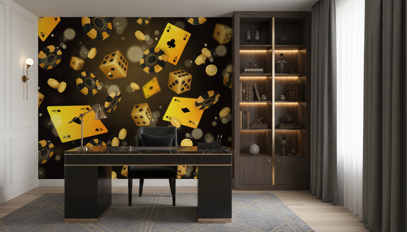 Papier Peint Casino Glamour Dorée Cartes Poker Dés - Bureau