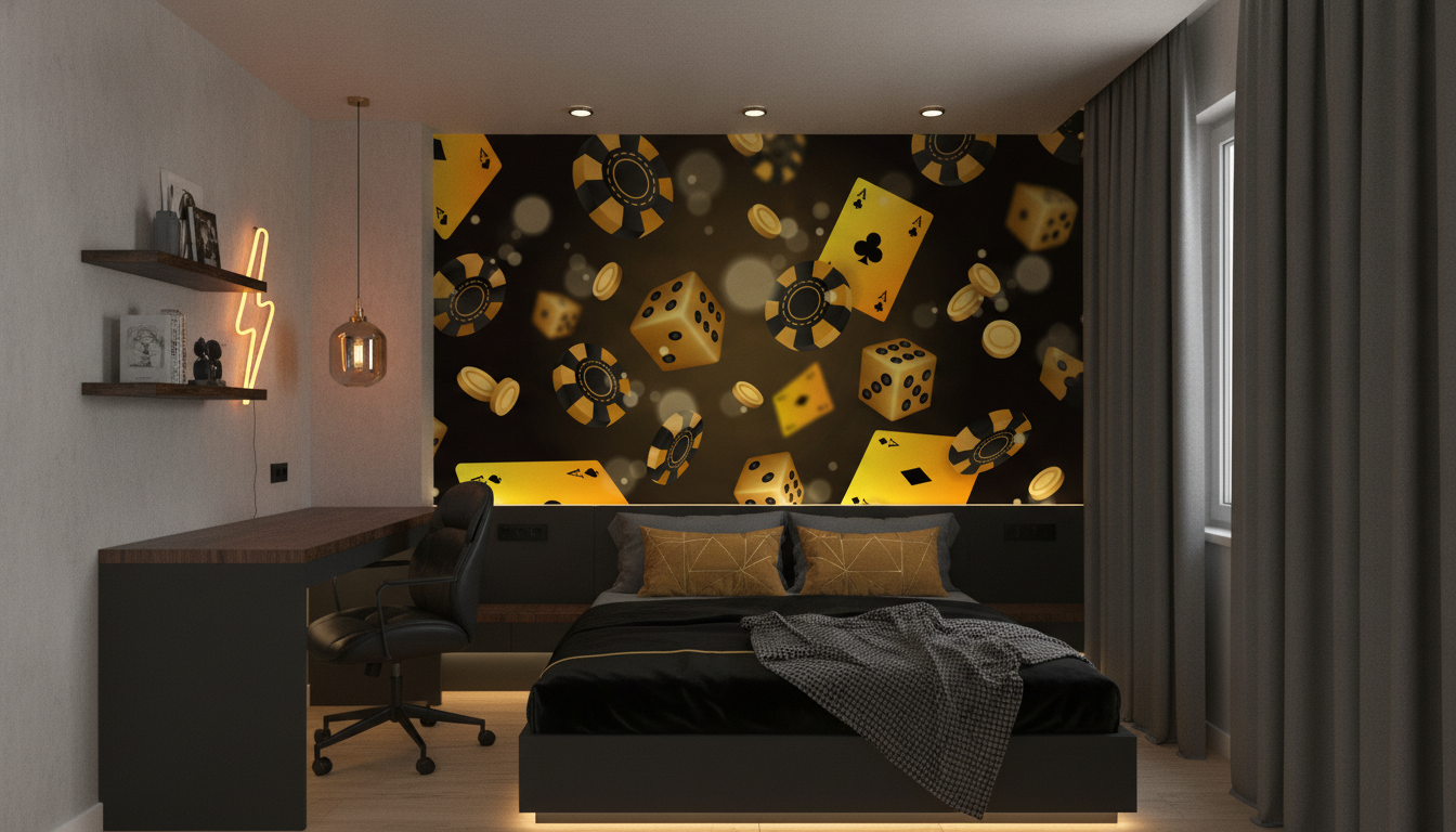 Papier Peint Casino Glamour Dorée Cartes Poker Dés - Chambre ado