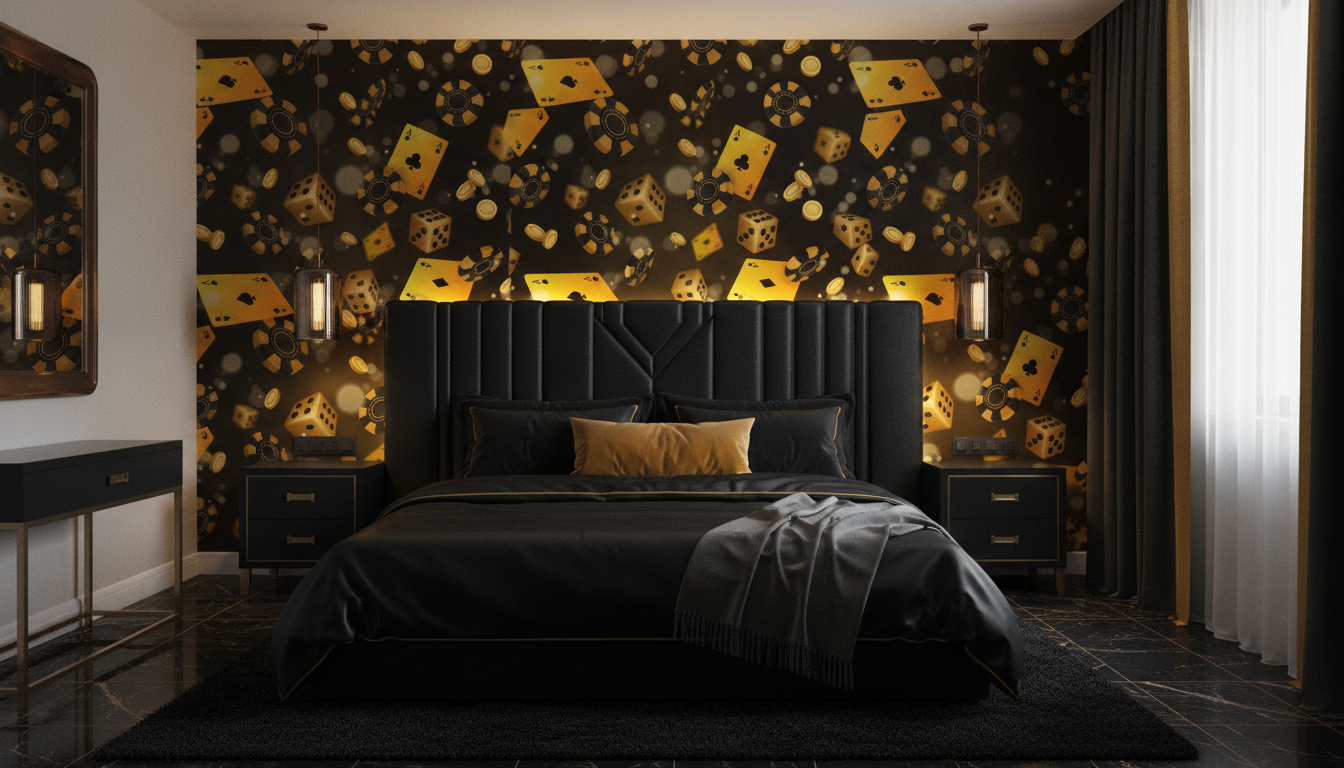 Papier Peint Casino Glamour Dorée Cartes Poker Dés - Chambre adulte