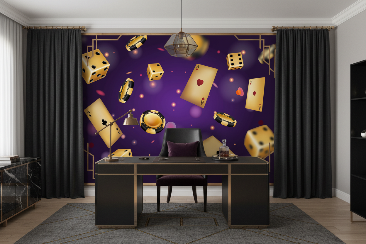 Papier peint casino luxe avec cartes dés et jetons dorés - Bureau