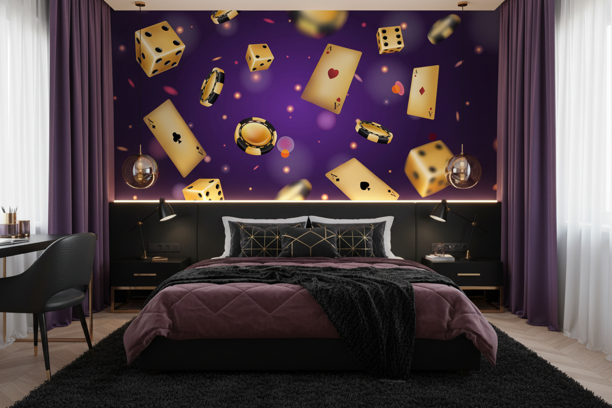 Papier peint casino luxe avec cartes dés et jetons dorés - Chambre ado