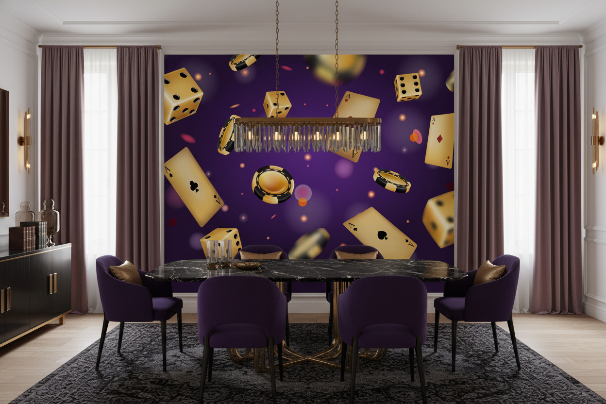 Papier peint casino luxe avec cartes dés et jetons dorés - Salle à manger