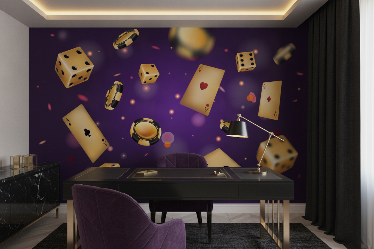 Papier Peint Casino Luxe Cartes Dés Jetons Dorés Violet - Bureau