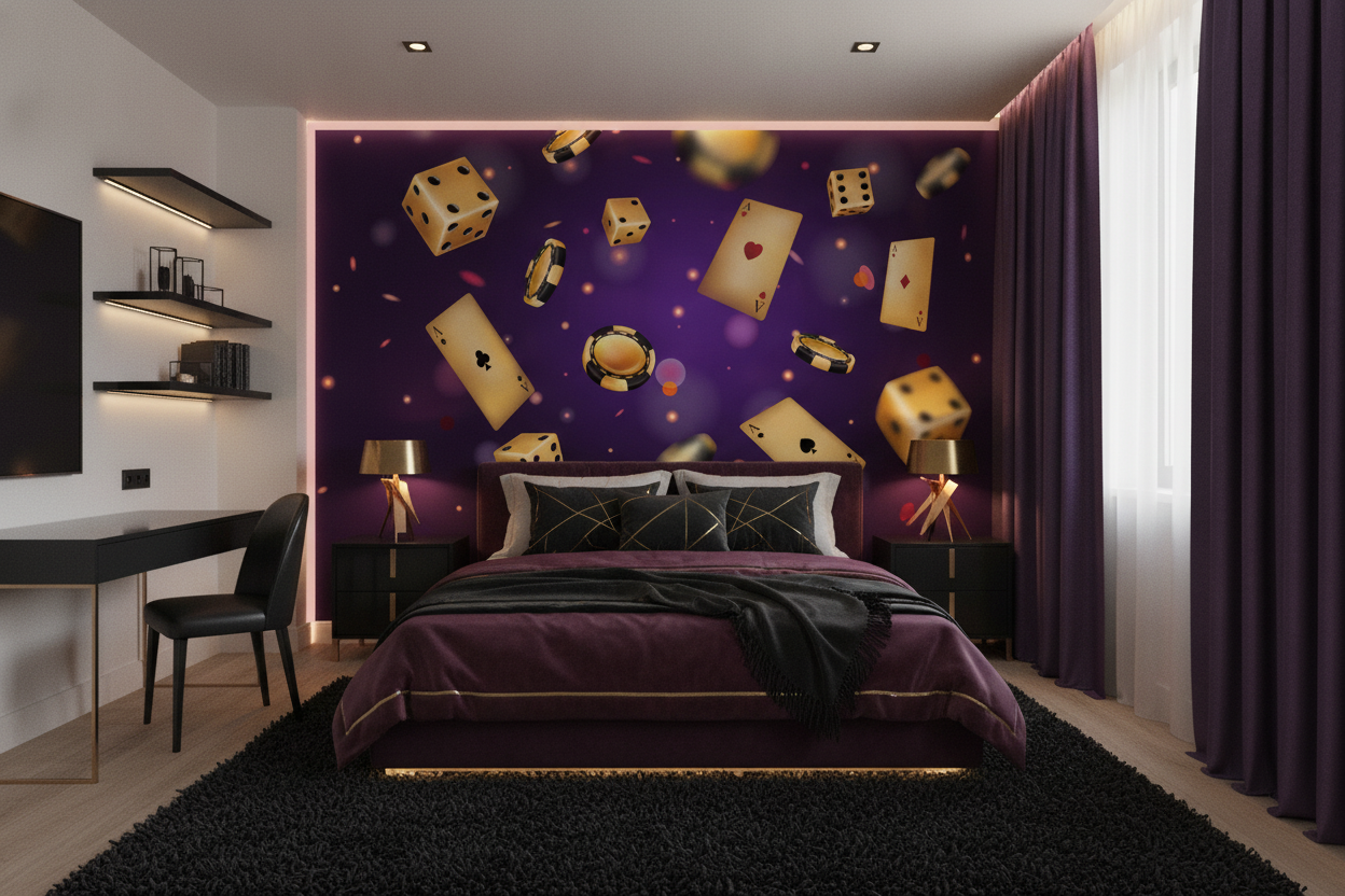 Papier Peint Casino Luxe Cartes Dés Jetons Dorés Violet - Chambre ado